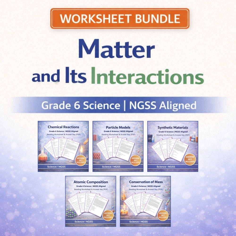Grade 6 Science | Atomic & Molecular Models, Conservation & Reactions | NGSS — bundle cover