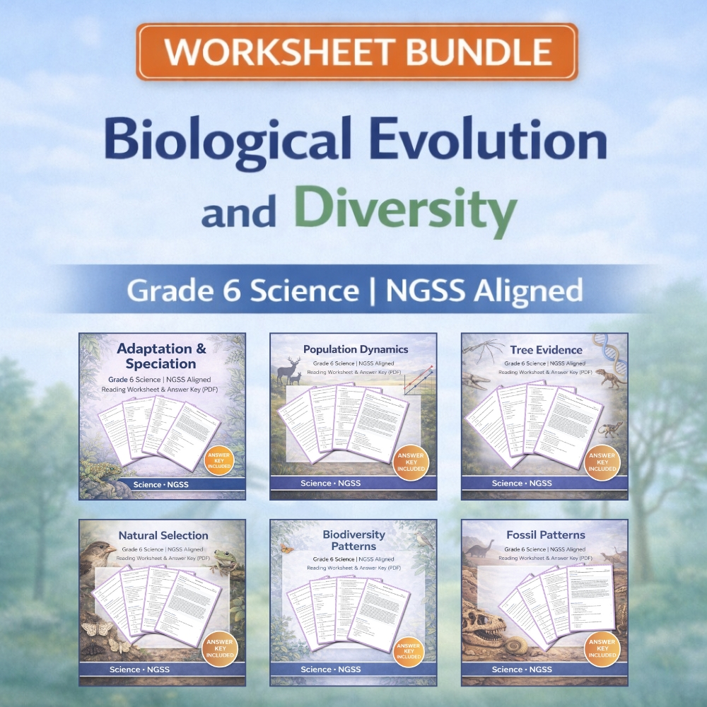 Grade 6 Science | Ecosystems, Evolution & Biodiversity | NGSS Worksheet Bundle — bundle cover