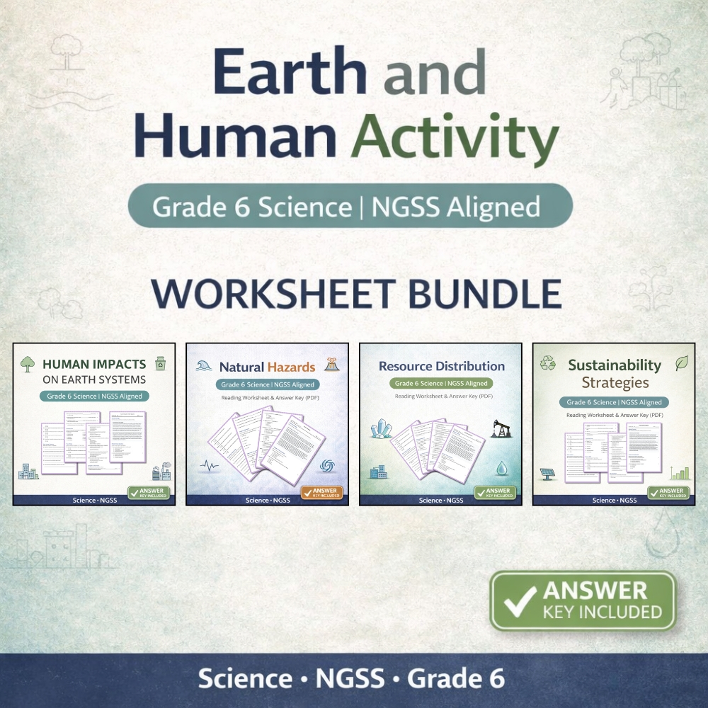 Grade 6 Science Bundle | Sustainability, Hazards & Earth Systems NGSS Worksheets — bundle cover