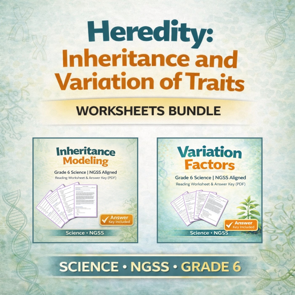Grade 6 Science Unit Bundle | Variation Factors & Inheritance NGSS Worksheets — bundle cover