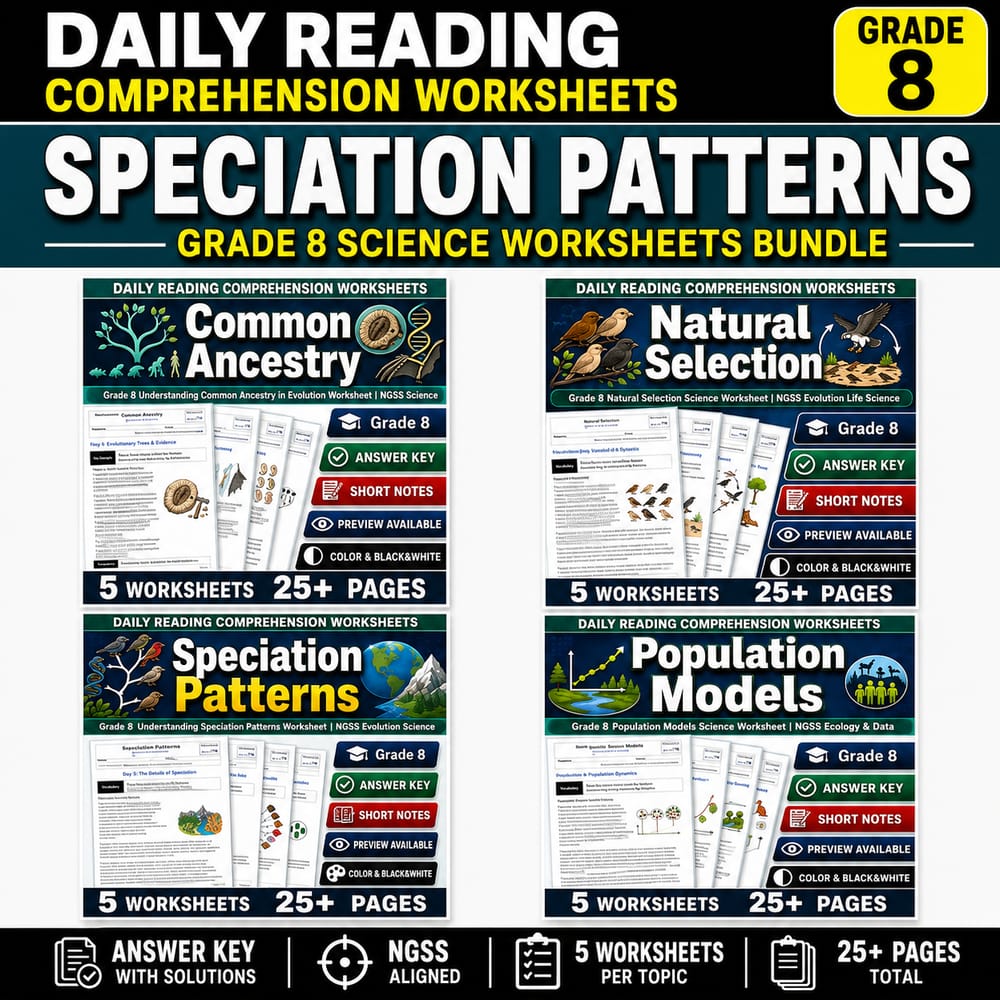 Speciation Patterns Grade 8 Science Daily Reading Worksheets Bundle | ngss — bundle cover
