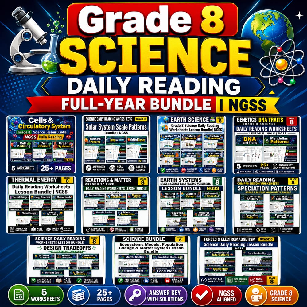 Grade 8 Science Daily Reading Full-Year Bundle | NGSS — bundle cover