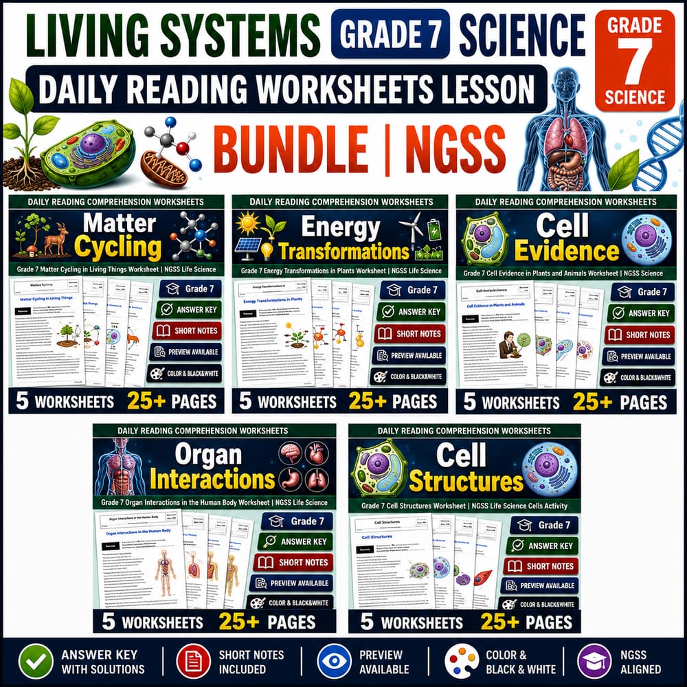 Living Systems Grade 7 Science Daily Reading Worksheets Lesson Bundle | NGSS — bundle cover