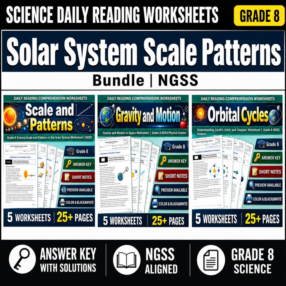 Solar System Scale Patterns Grade 8 Science Daily Reading Worksheets Bundle|NGSS — bundle cover
