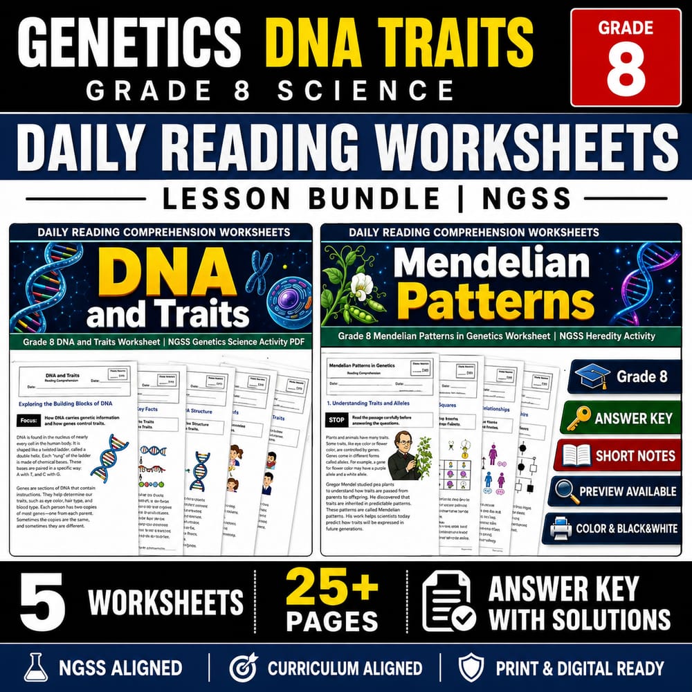 Genetics DNA Traits Grade 8 Science Daily Reading Worksheets Bundle | NGSS — bundle cover