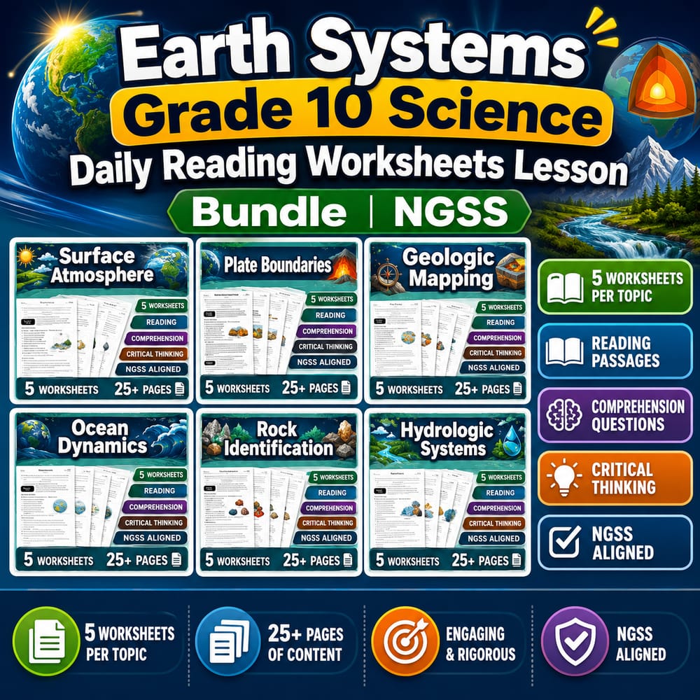 Earth Systems Grade 10 Science Daily Reading Worksheets Lesson Bundle | NGSS — bundle cover