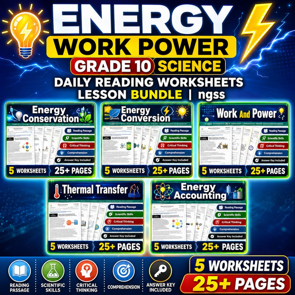 Energy Work Power Grade 10 Science Daily Reading Worksheets Lesson Bundle | ngss — bundle cover