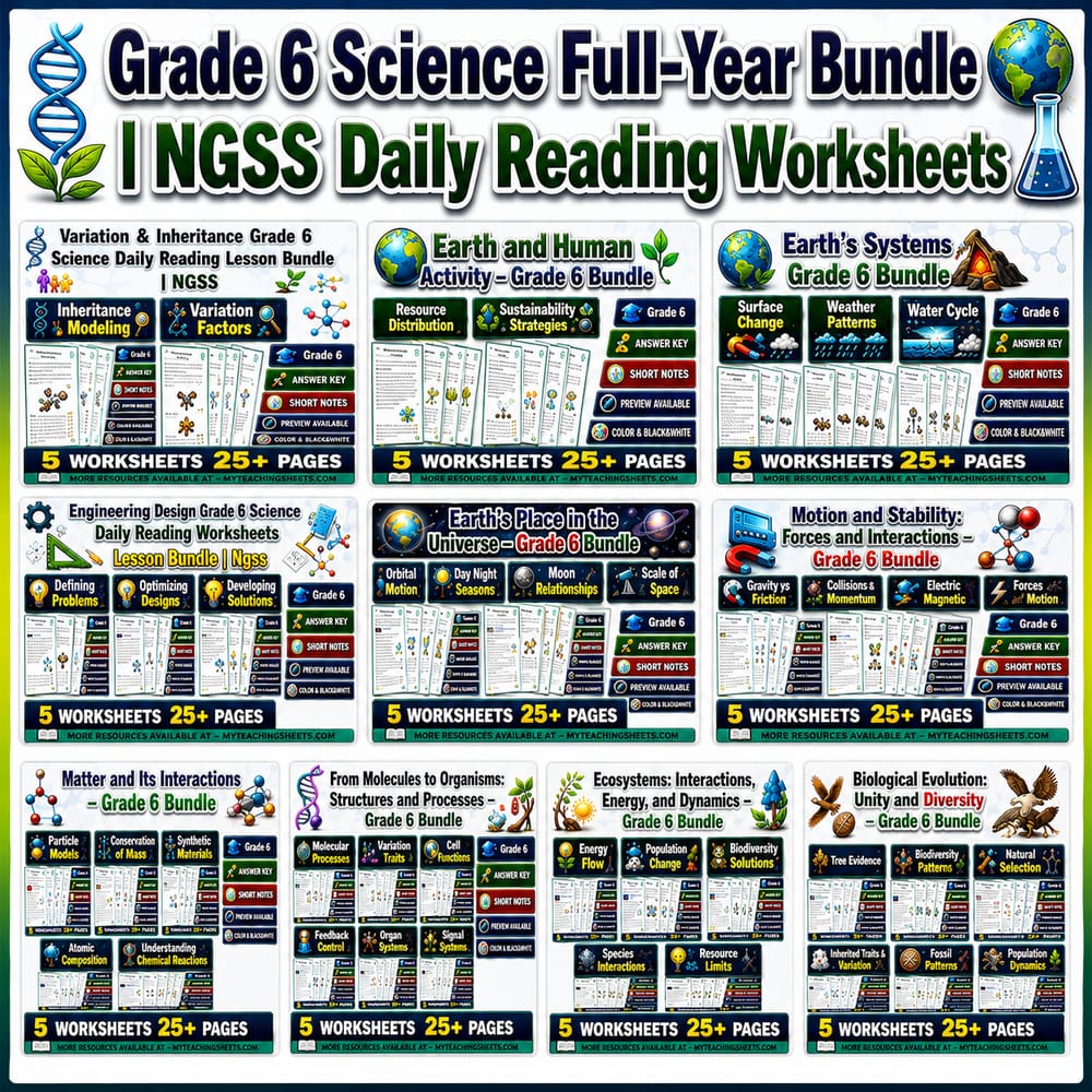 Grade 6 Science Full-Year Bundle | NGSS Daily Reading Worksheets — bundle cover