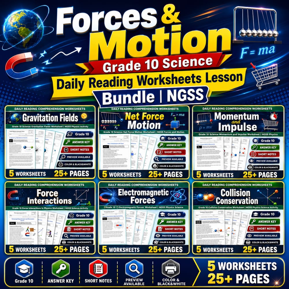 Forces & Motion Grade 10 Science Daily Reading Worksheets Lesson Bundle | NGSS — bundle cover