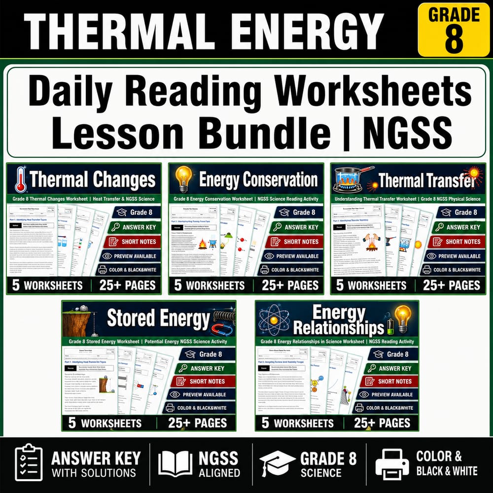 Thermal Energy Grade 8 Science Daily Reading Worksheets Lesson Bundle | NGSS — bundle cover