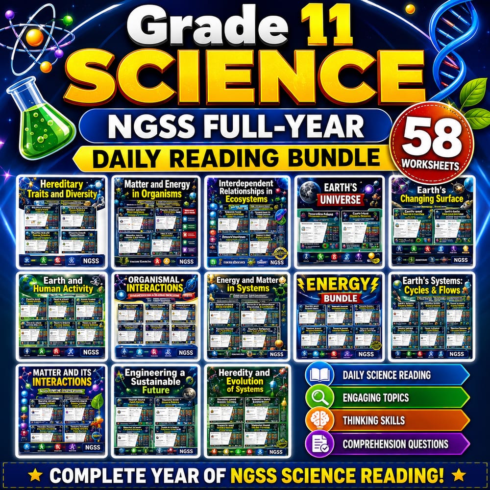 Grade 11 Science NGSS Full-Year Daily Reading Bundle | 58 Worksheets — bundle cover