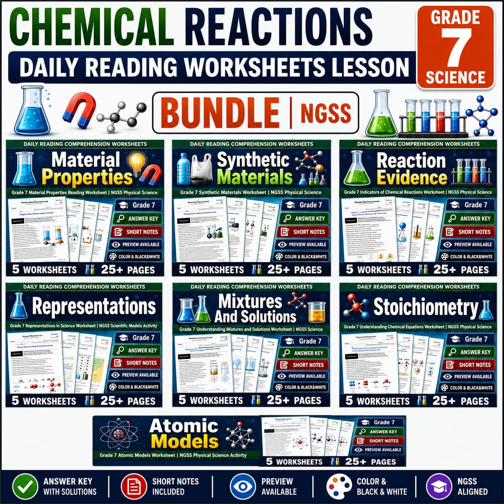 Chemical Reactions Grade 7 Science Daily Reading Worksheets Lesson Bundle | NGSS — bundle cover