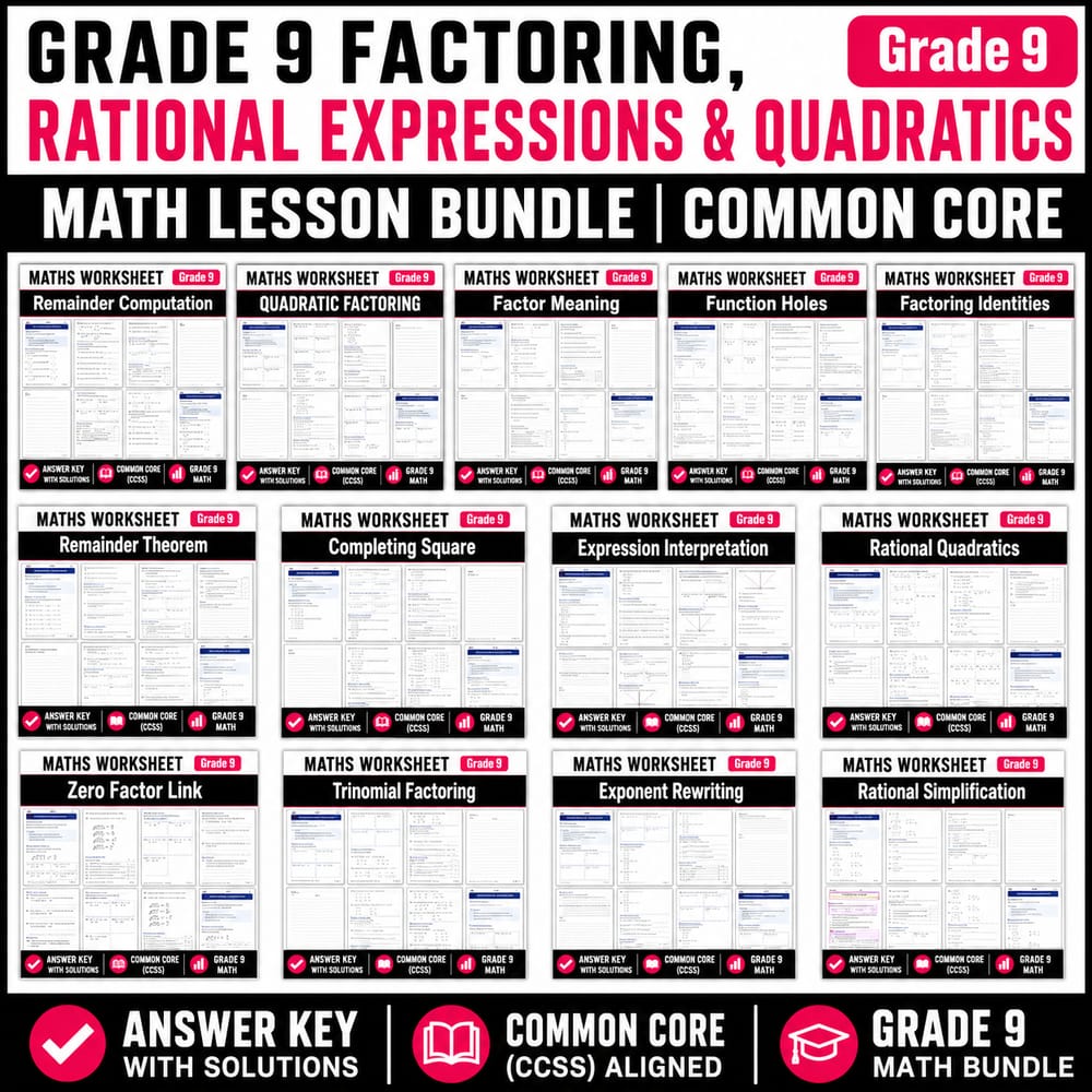 Grade 9 Factoring, Rational Expressions & Quadratics Maths Lesson Bundle  — bundle cover
