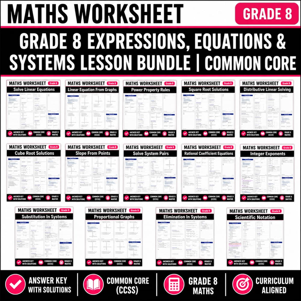 Grade 8 Expressions, Equations & Systems Lesson Bundle | Common Core — bundle cover