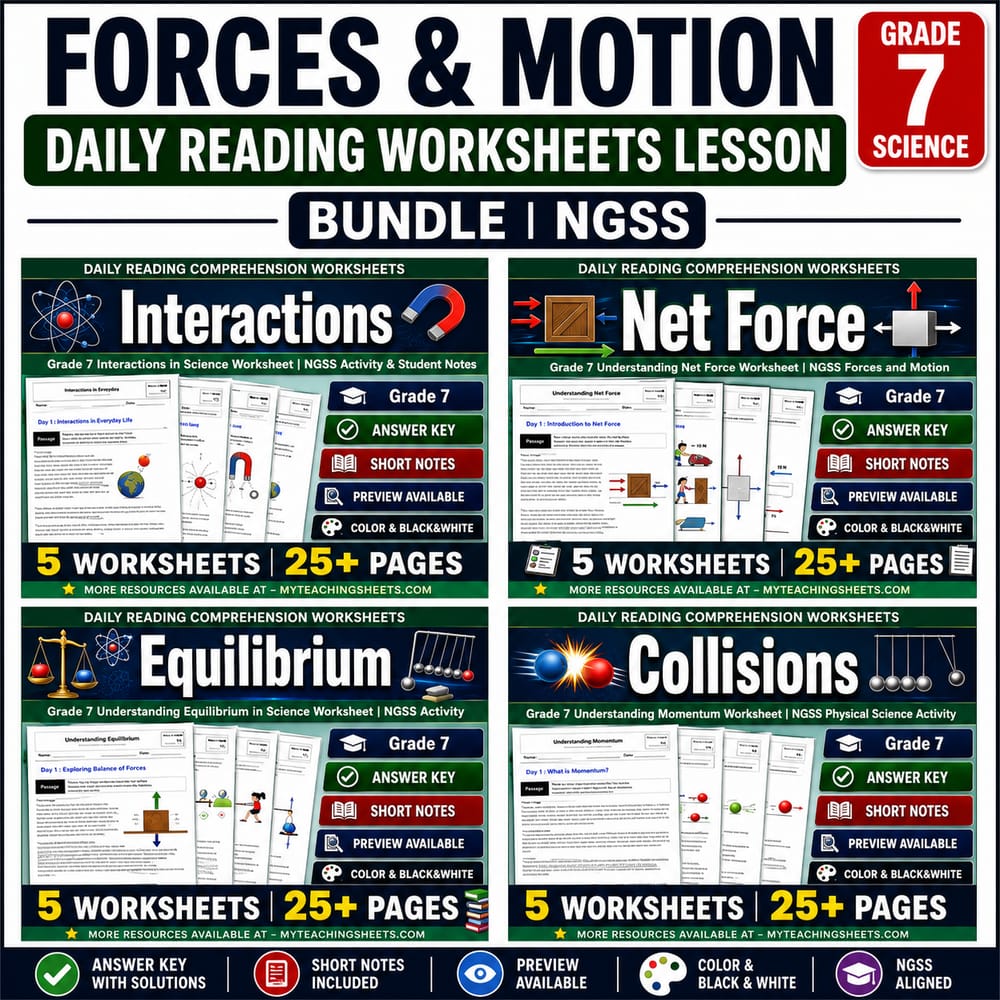 Forces & Motion Grade 7 Science Daily Reading Worksheets Lesson Bundle | NGSS — bundle cover