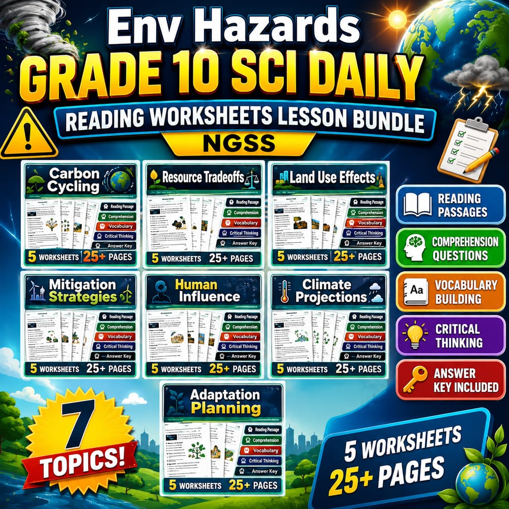 Env Hazards Grade 10 Sci Daily Reading Worksheets Lesson Bundle | NGSS — bundle cover