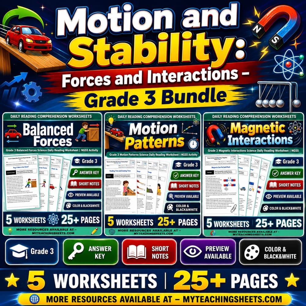 Motion and Stability Grade 3 Science Daily Reading Worksheets Bundle | NGSS — bundle cover