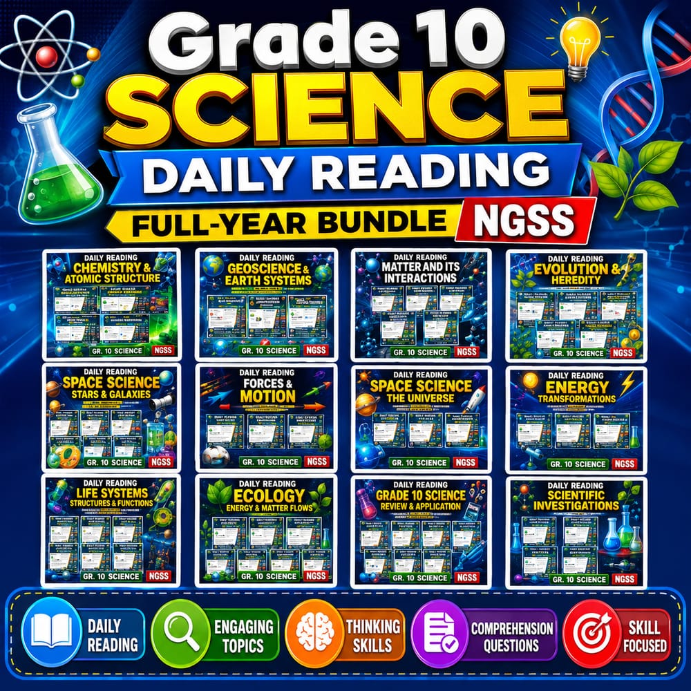 Grade 10 Science Daily Reading Full-Year Bundle | NGSS — bundle cover
