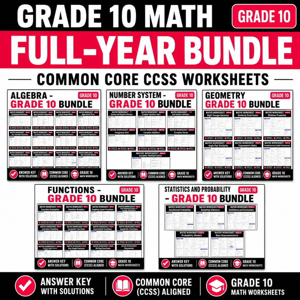 Grade 10 Math Full-Year Bundle | Common Core CCSS Worksheets — bundle cover