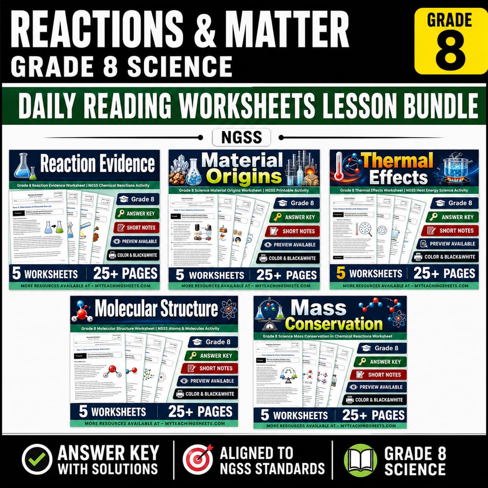 Reactions & Matter Grade 8 Science Daily Reading Worksheets Lesson Bundle | NGSS — bundle cover