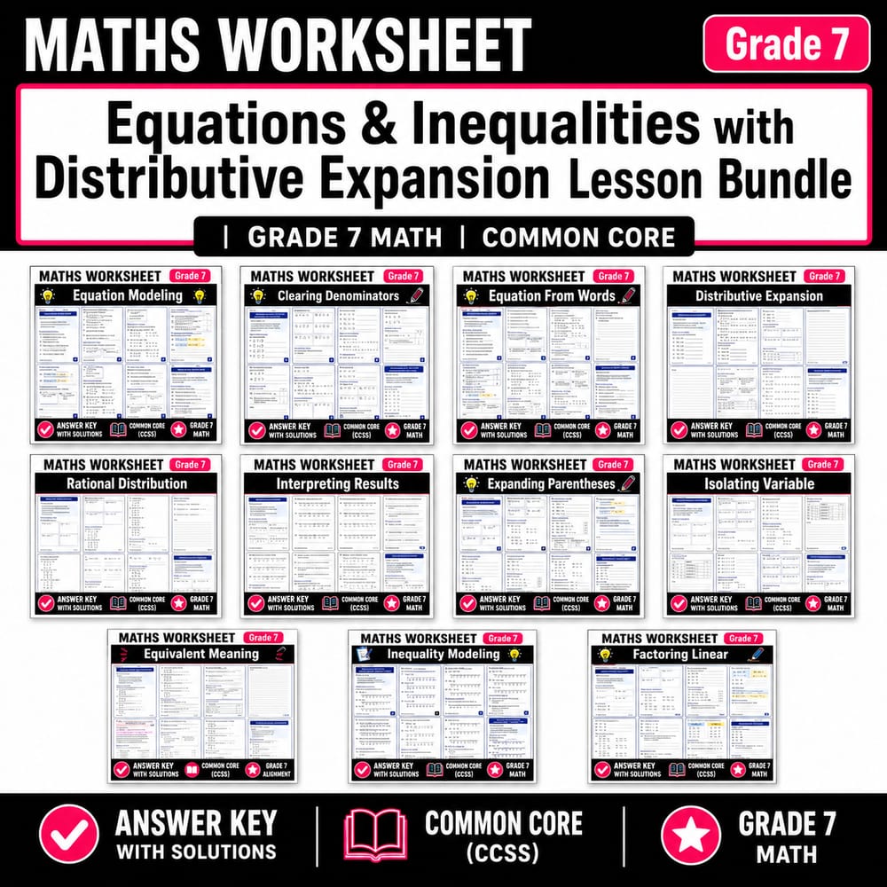 Equations & Inequalities with Distributive Expansion Bundle | Grade 7 Maths  — bundle cover