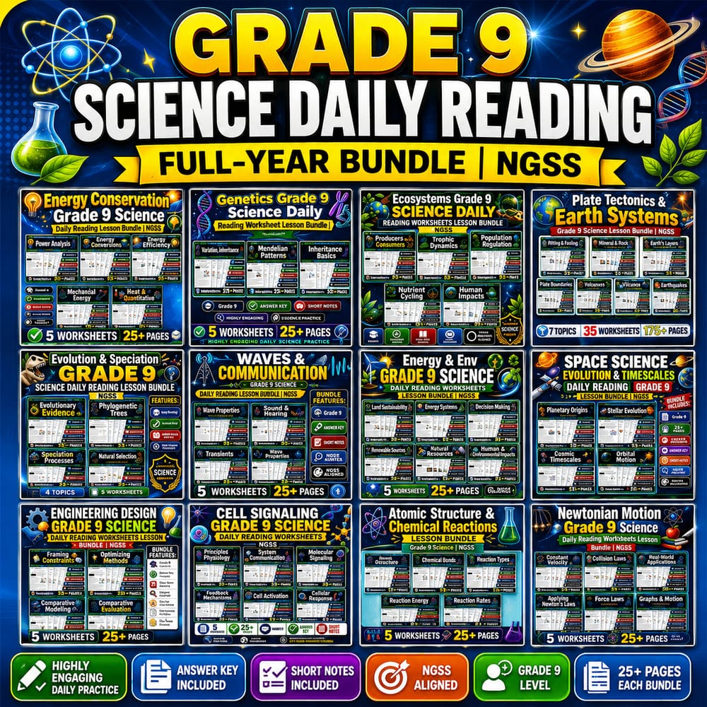 Grade 9 Science Daily Reading Full-Year Bundle | NGSS — bundle cover