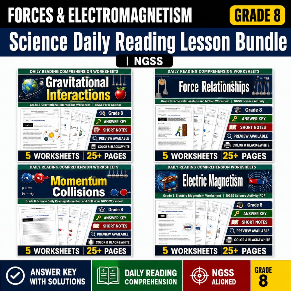 Forces & Electromagnetism Grade 8 Science Daily Reading Lesson Bundle | NGSS — bundle cover