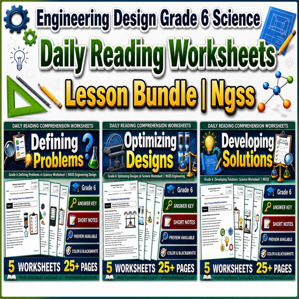Engineering Design Grade 6 Science Daily Reading Worksheets Lesson Bundle | Ngss — bundle cover