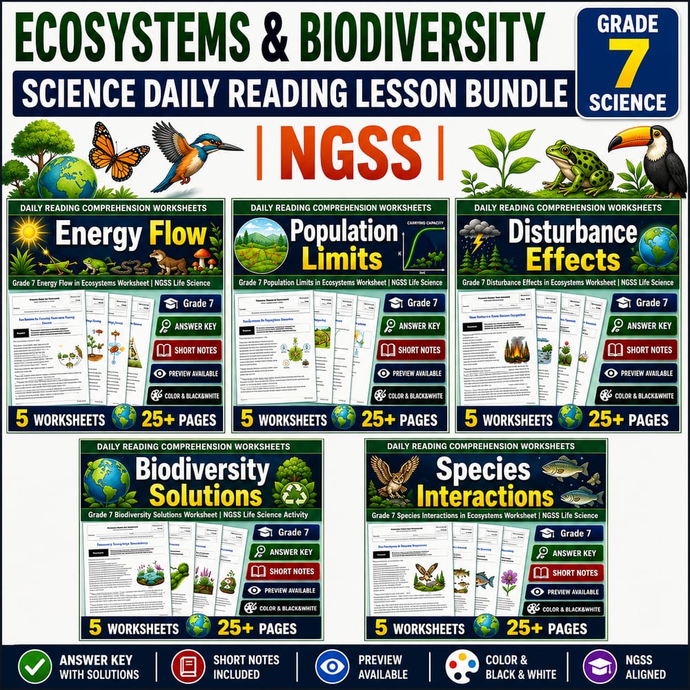 Ecosystems & Biodiversity Grade 7 Science Daily Reading Lesson Bundle | NGSS — bundle cover