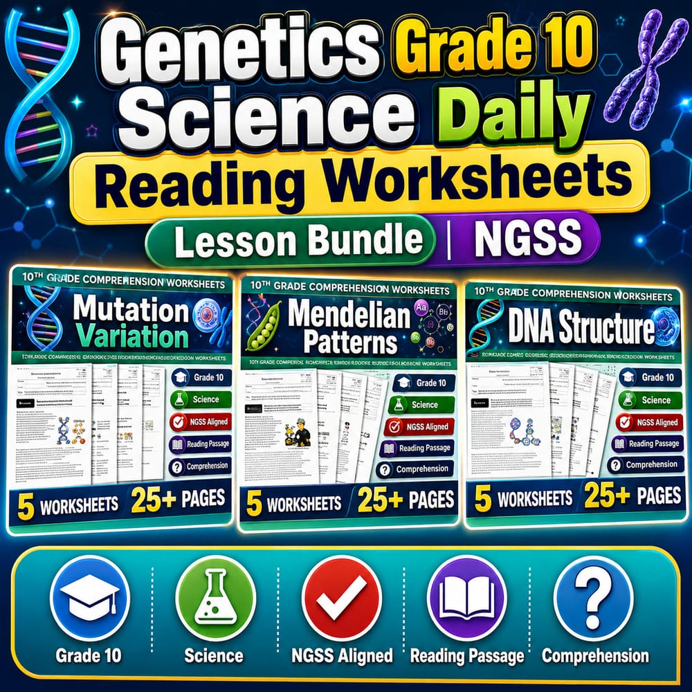 Genetics Grade 10 Science Daily Reading Worksheets Lesson Bundle | NGSS — bundle cover