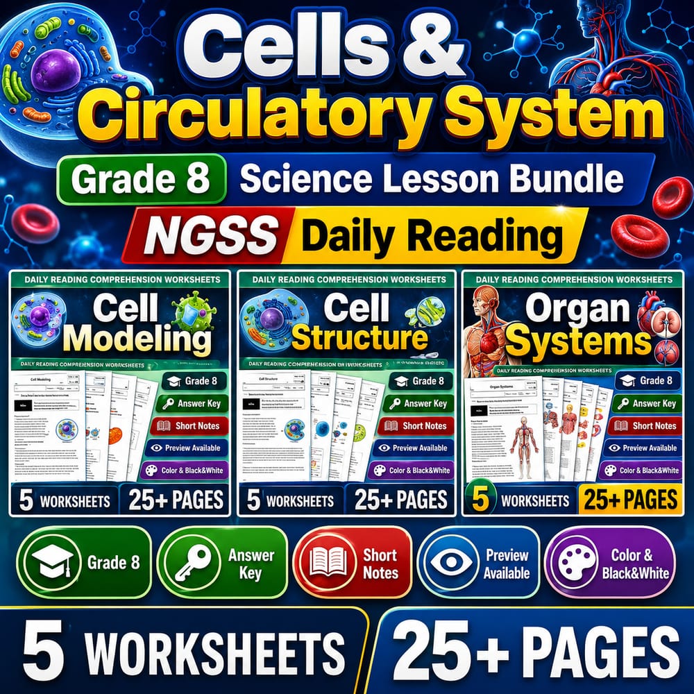 Cells & Circulatory System Grade 8 Science Lesson Bundle | NGSS Daily Reading — bundle cover
