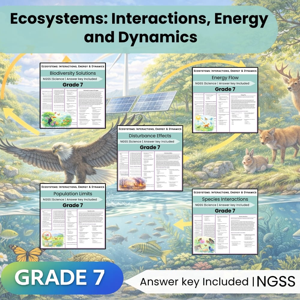 Grade 7 Science Ecosystems Lesson Bundle | NGSS Interactions & Energy — bundle cover
