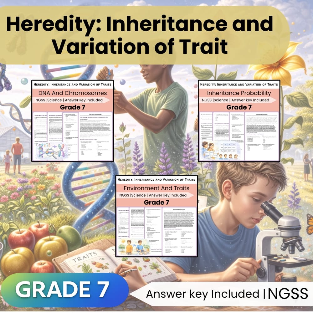 Grade 7 Science Worksheet Pack | Heredity and Trait Inheritance NGSS Bundle — bundle cover