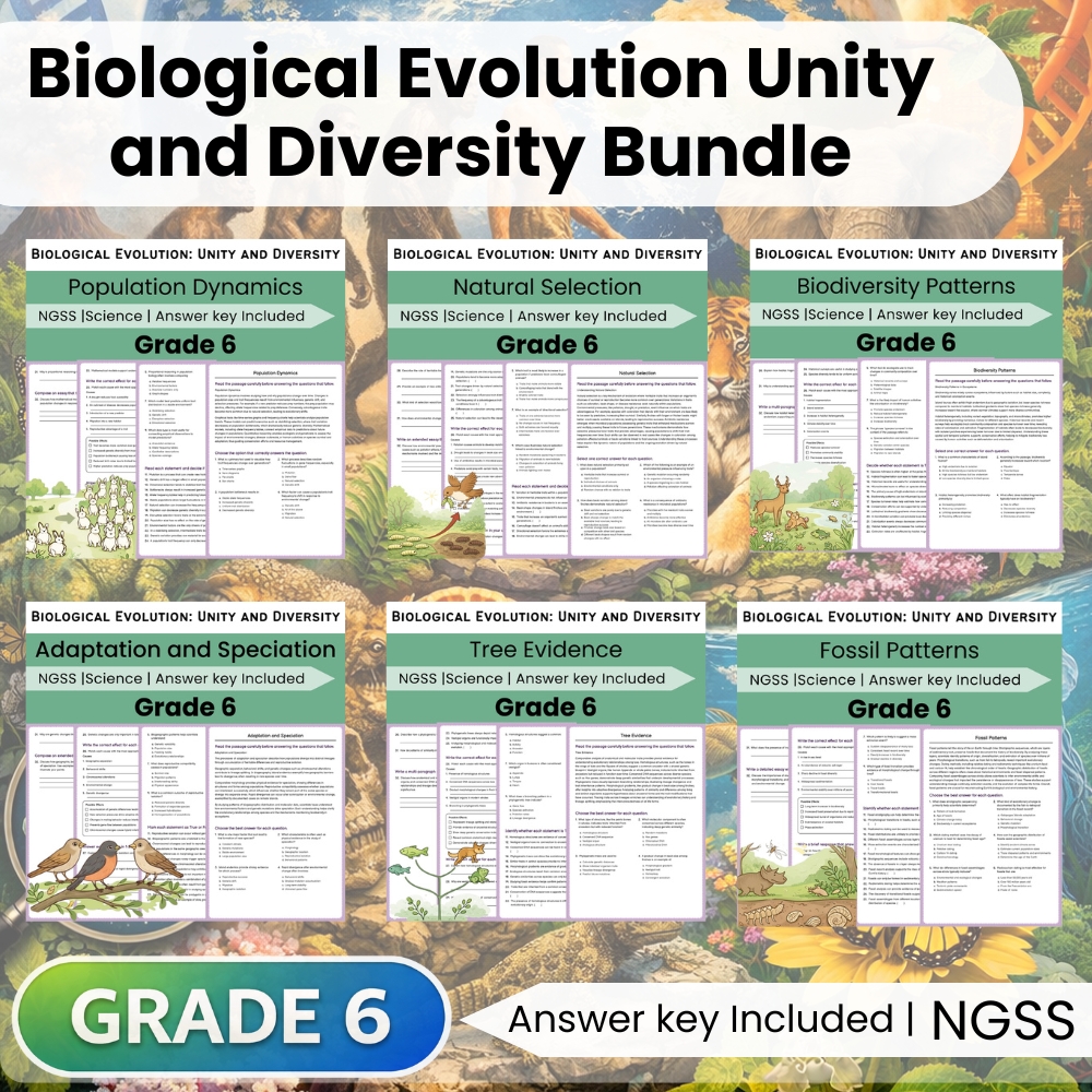 Grade 6 Science | Biological Evolution: Unity and Diversity Unit Bundle (NGSS-aligned Worksheets) — bundle cover