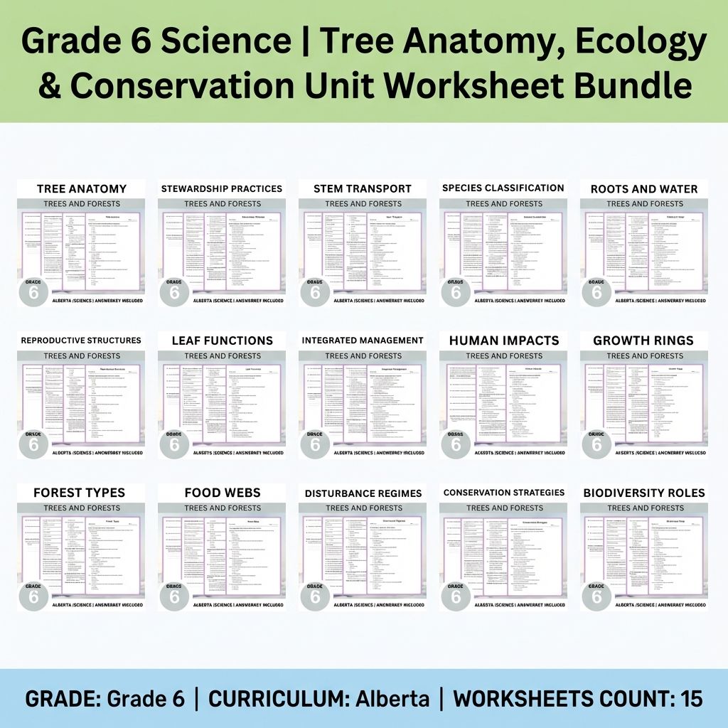 Grade 6 Science | Tree Anatomy, Ecology & Conservation Unit Worksheet Bundle — bundle cover