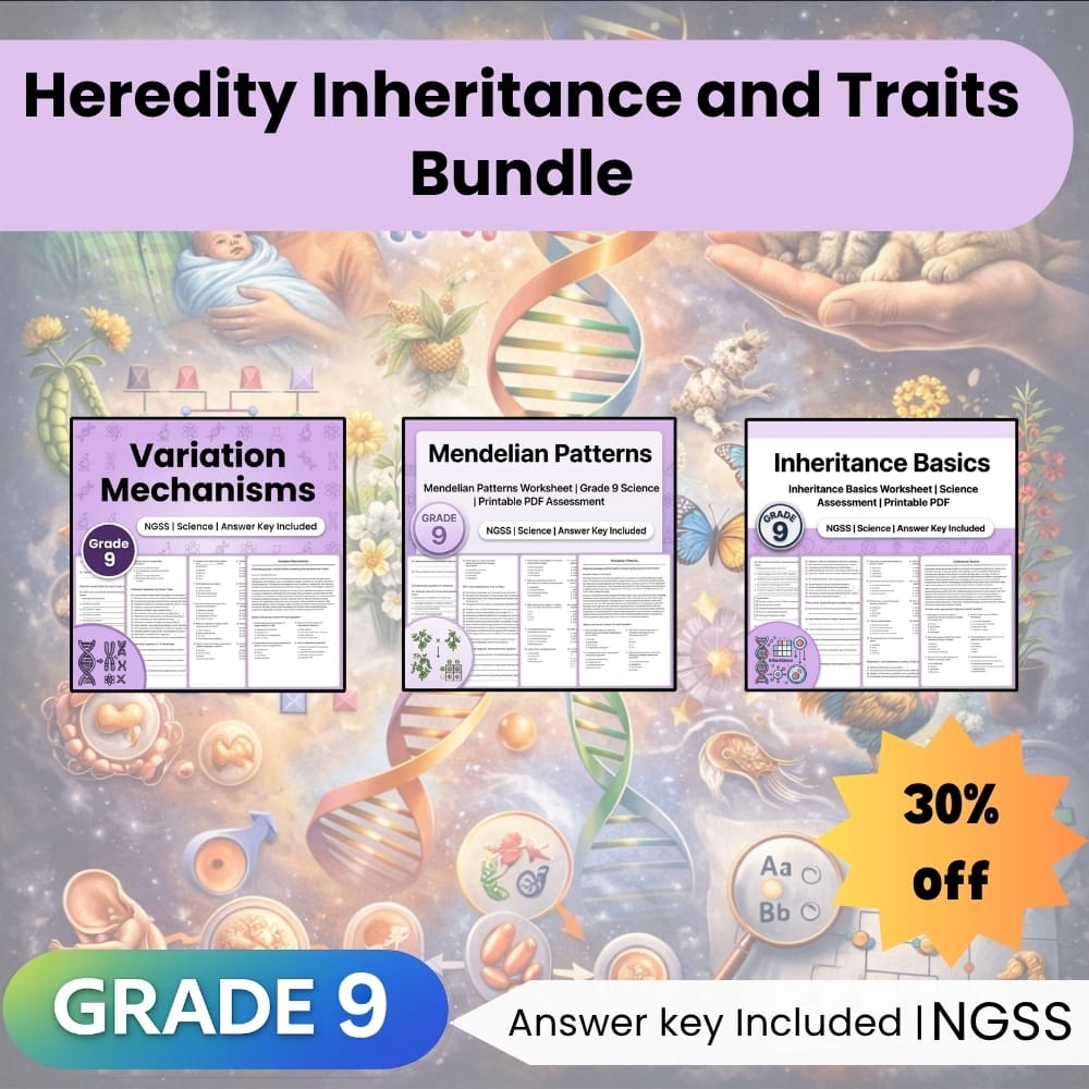 Grade 9 Heredity Lesson Bundle: Inheritance & Trait Variation NGSS — bundle cover