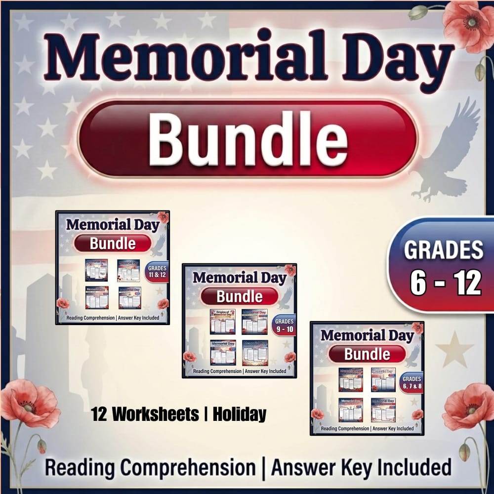 Grades 6 - 12 Memorial Day & Respect Holiday Custom Bundle Common Core ELA — bundle cover