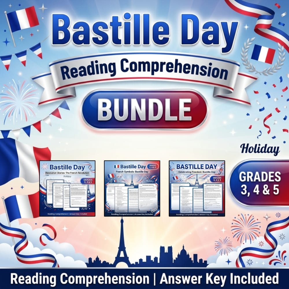 Bastille Day Reading Comprehension Bundle | Grades 3–5 | Holiday ELA Worksheets — bundle cover