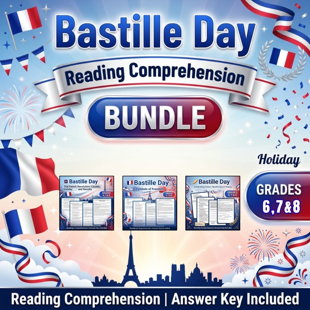 Bastille Day Reading Comprehension Bundle | Grades 6–8 Holiday ELA Worksheets — bundle cover