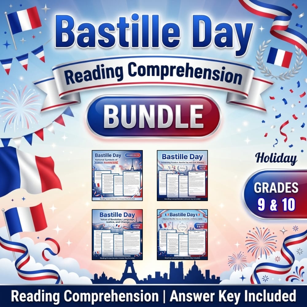Bastille Day Reading Comprehension Bundle | Grades 9–10 | Holiday ELA Worksheets — bundle cover