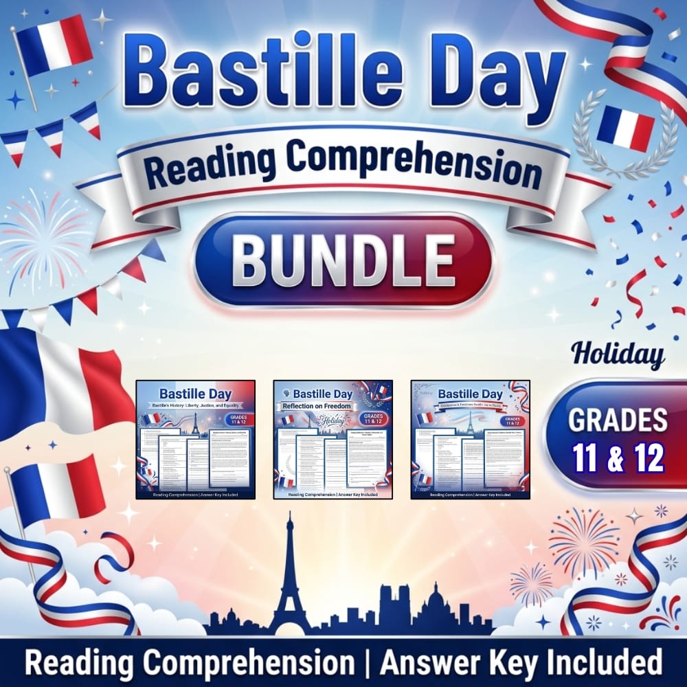 Bastille Day Reading Comprehension Bundle | Grades 11–12 | Holiday ELA Worksheet — bundle cover