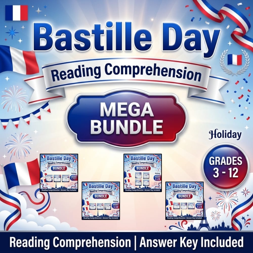 Bastille Day Reading Comprehension MEGA Bundle | Grades 3–12 — bundle cover