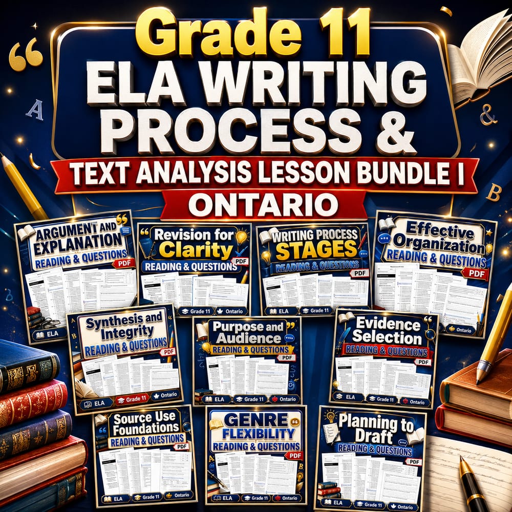 Grade 11 ELA Writing Process & Text Analysis Lesson Bundle | Ontario — bundle cover