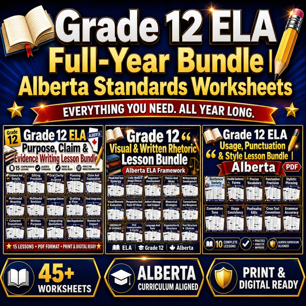Grade 12 ELA Full-Year Bundle | Alberta Standards Worksheets — bundle cover