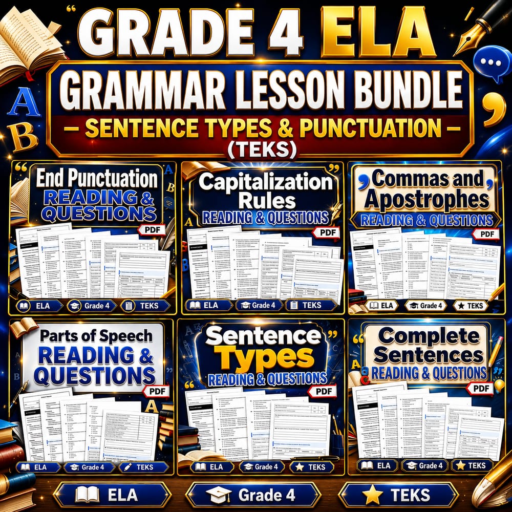 Grade 4 ELA Grammar Lesson Bundle – Sentence Types & Punctuation (Teks) — bundle cover