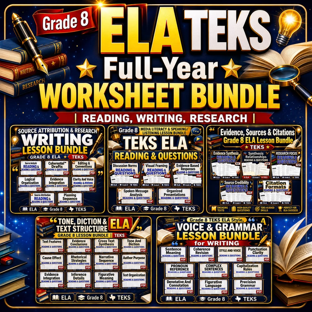 Grade 8 ELA TEKS Full-Year Worksheet Bundle | Reading, Writing, Research — bundle cover