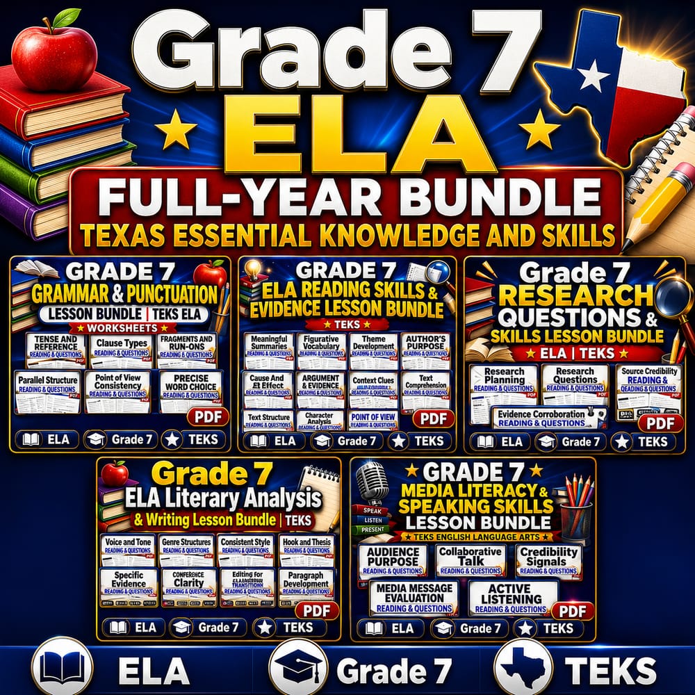 Grade 7 ELA Full-Year Bundle | Texas Essential Knowledge and Skills — bundle cover