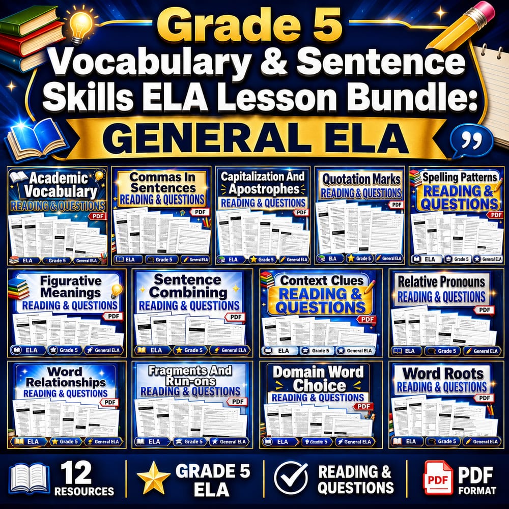 Grade 5 Vocabulary & Sentence Skills ELA Lesson Bundle: General ELA — bundle cover