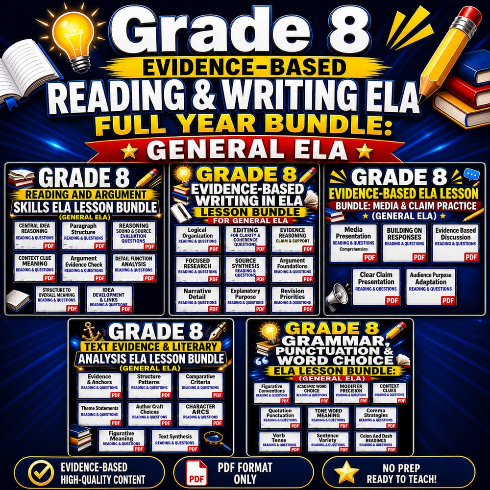 Grade 8 Evidence-Based Reading & Writing ELA Full Year Bundle: General ELA — bundle cover
