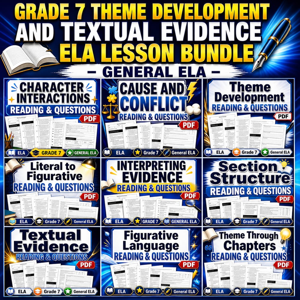 Grade 7 Theme Development and Textual Evidence ELA Lesson Bundle – General ELA — bundle cover